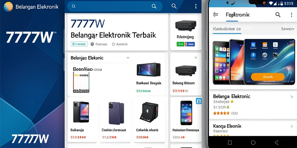 Antarmuka aplikasi 7777W menampilkan berbagai produk elektronik dengan harga terbaik.